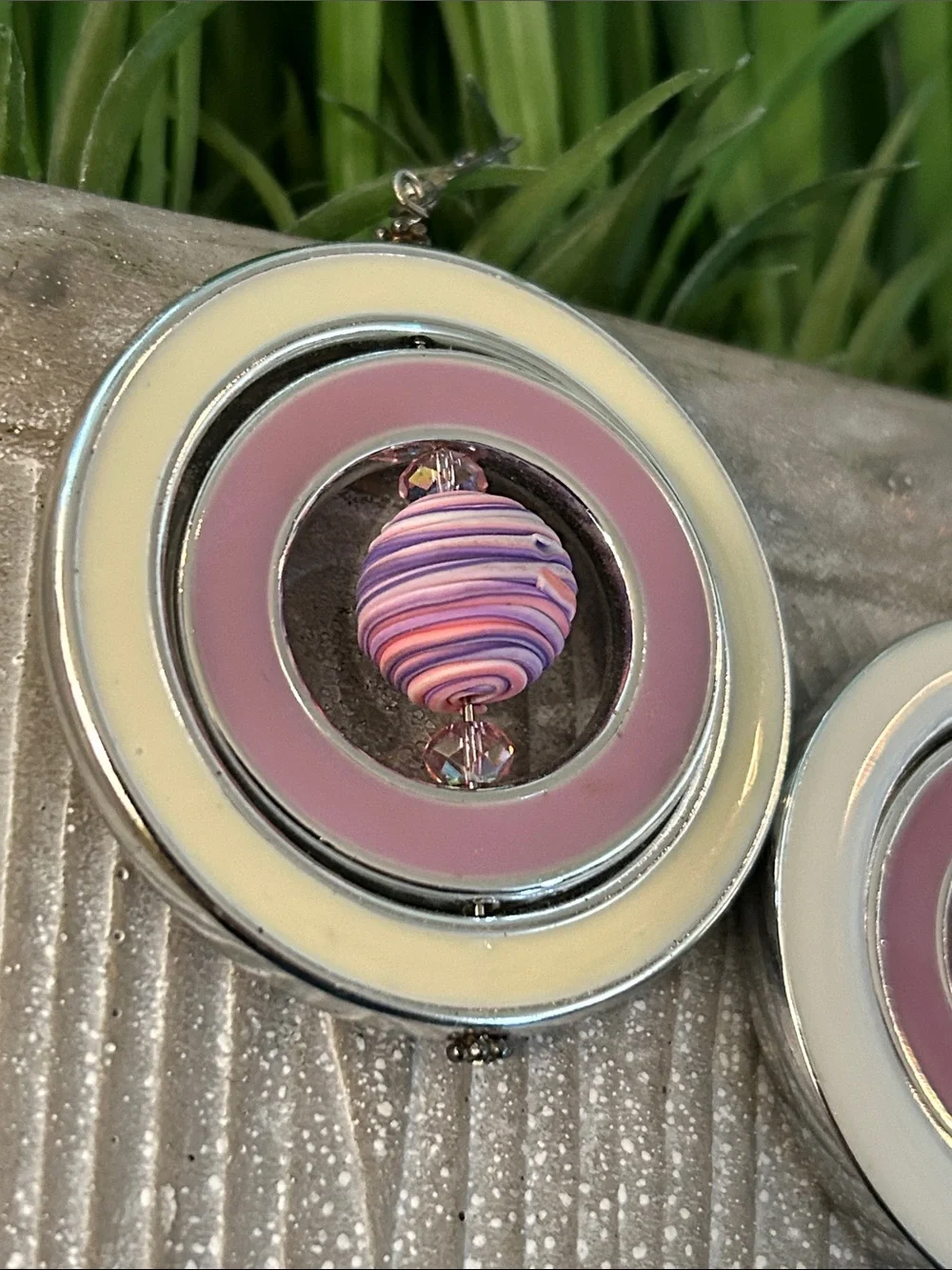 Purple and Cream Retro Circle Dangle Earrings planet style Saturn quirky